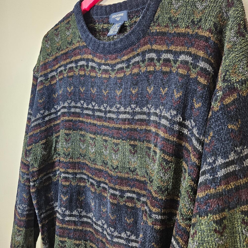 VTG 90s Dockers Men XL Geometric Knit Sweater CoogiStyle Navy Green GrandpaCore
